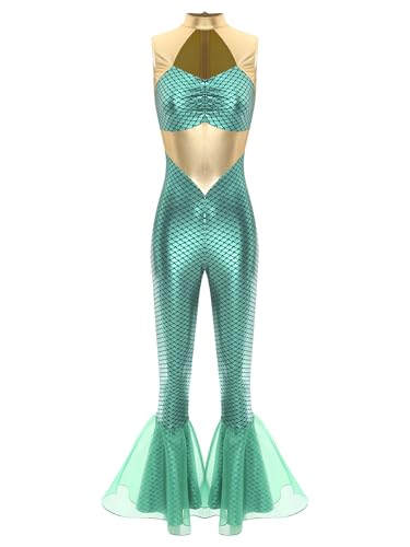 TiaoBug Damen Meerjungfrau Jumpsuit Wetlook Overall Fisch Schuppen Print Body Ärmellos Rollkragen Tops und Skinny Fit Hose Leggings mit Schlag Einteiler Cosplay Kostüm Mintgrün XXL von TiaoBug