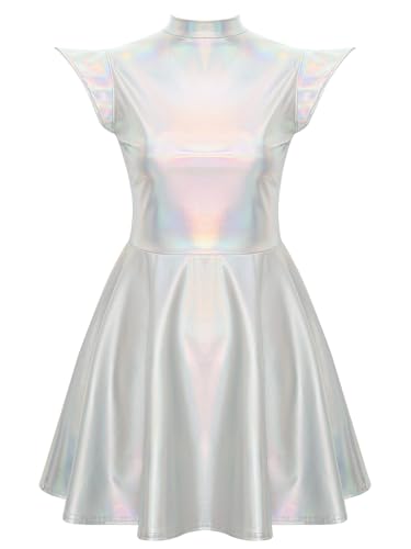 TiaoBug Damen Metallic Kleider Kurzarm Rollkragen Lack Leder Partykleider Skaterkleider Heldin Weltall Alien Cosplay Kostüm Gogo Clubwear Holografisch XXL von TiaoBug