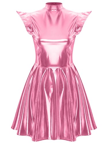 TiaoBug Damen Metallic Kleider Kurzarm Rollkragen Lack Leder Partykleider Skaterkleider Heldin Weltall Alien Cosplay Kostüm Gogo Clubwear Rosa XL von TiaoBug