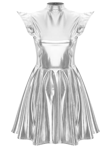 TiaoBug Damen Metallic Kleider Kurzarm Rollkragen Lack Leder Partykleider Skaterkleider Heldin Weltall Alien Cosplay Kostüm Gogo Clubwear Silber XXL TiaoBug Damen Metallic Kleider Kurzarm Rollkragen Lack Leder Partykleider Skaterkleider Heldin Weltall Alien Cosplay Kostüm Gogo Clubwear Silber XXL von TiaoBug