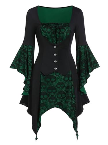 TiaoBug Damen Mittelalter Gothic Kleid Lange Glockenärmel Samt Maxikleid mit Haarreif Viktorianisches Renaissance Kostüm Grün E S von TiaoBug