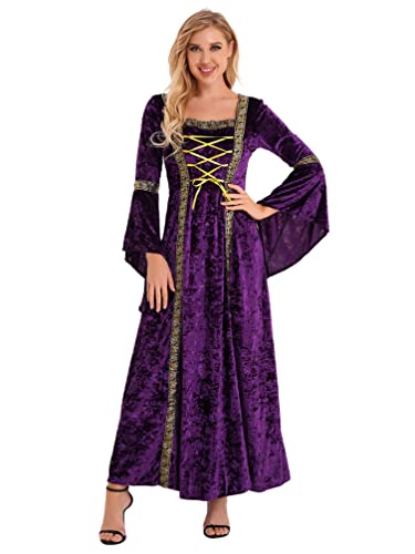 TiaoBug Damen Mittelalter Gothic Kleid Lange Glockenärmel Samt Maxikleid mit Haarreif Viktorianisches Renaissance Kostüm Violett D XL von TiaoBug