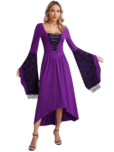 TiaoBug Damen Mittelalter Gothic Kleid Lange Glockenärmel Samt Maxikleid mit Haarreif Viktorianisches Renaissance Kostüm Violett G XXL von TiaoBug