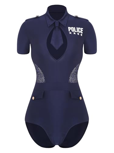 TiaoBug Damen Polizei Polizistin Uniform Halloween Kostüme Kurzarm Hemd Body mit Krawatte Kentkragen Slim Fit Bodycon Jumpsuit Kurz Overall zur Karneval Fasching von TiaoBug