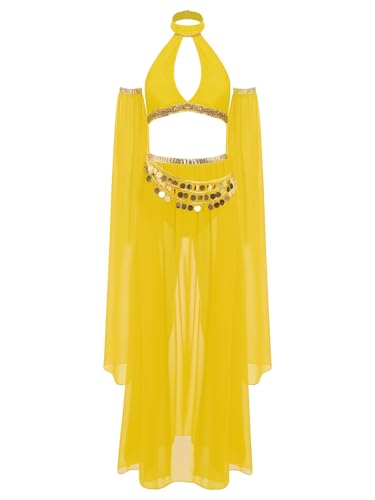 TiaoBug Damen Prinzessin Kostüm Set Neckholder Crop Top + Tanzrock + Shorts + Glockenärmel Armstulpen mit Pailletten Münzen Tanzkostüm Karneval Fasching Cosplay Verkleidung Gelb S von TiaoBug