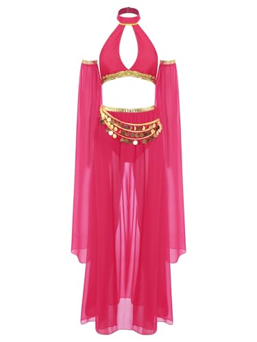 TiaoBug Damen Prinzessin Kostüm Set Neckholder Crop Top + Tanzrock + Shorts + Glockenärmel Armstulpen mit Pailletten Münzen Tanzkostüm Karneval Fasching Cosplay Verkleidung Hot Pink XXL von TiaoBug