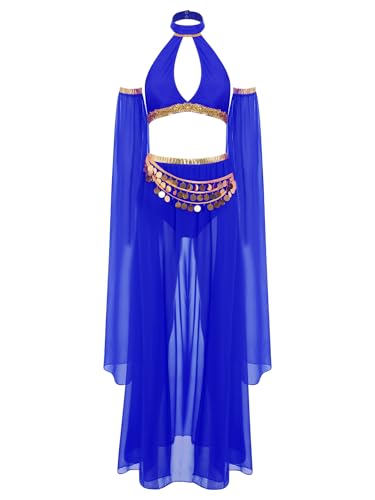 TiaoBug Damen Prinzessin Kostüm Set Neckholder Crop Top + Tanzrock + Shorts + Glockenärmel Armstulpen mit Pailletten Münzen Tanzkostüm Karneval Fasching Cosplay Verkleidung Königsblau XXL von TiaoBug