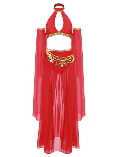 TiaoBug Damen Prinzessin Kostüm Set Neckholder Crop Top + Tanzrock + Shorts + Glockenärmel Armstulpen mit Pailletten Münzen Tanzkostüm Karneval Fasching Cosplay Verkleidung Rot XXL von TiaoBug