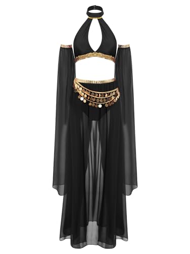 TiaoBug Damen Prinzessin Kostüm Set Neckholder Crop Top + Tanzrock + Shorts + Glockenärmel Armstulpen mit Pailletten Münzen Tanzkostüm Karneval Fasching Cosplay Verkleidung Schwarz S von TiaoBug