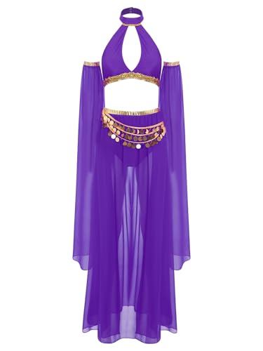 TiaoBug Damen Prinzessin Kostüm Set Neckholder Crop Top + Tanzrock + Shorts + Glockenärmel Armstulpen mit Pailletten Münzen Tanzkostüm Karneval Fasching Cosplay Verkleidung Violett XXL von TiaoBug