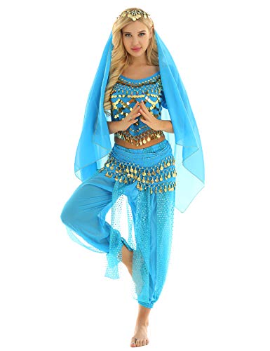 TiaoBug Damen Prinzessin Kostüm Set Pailletten Crop Top + lange weite Hose + Stirnband mit Strass Verkleidung für Karneval Fasching Cosplay Party Tanz Türkis Bauchtanz Set Einheitgröße von TiaoBug