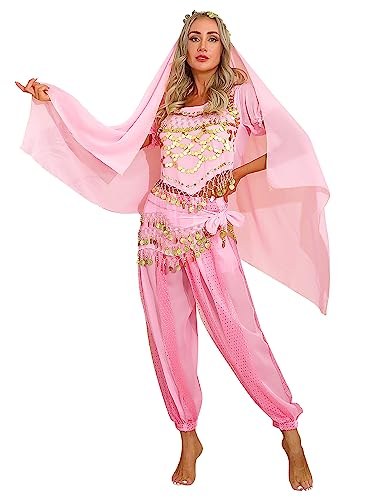 TiaoBug Damen Prinzessin Kostüm Set Pailletten Crop Top + lange weite Hose + Stirnband mit Strass Verkleidung für Karneval Fasching Cosplay Party Tanz Rosa Bauchtanz Set Einheitgröße TiaoBug Damen Prinzessin Kostüm Set Pailletten Crop Top + lange weite Hose + Stirnband mit Strass Verkleidung für Karneval Fasching Cosplay Party Tanz Rosa Bauchtanz Set Einheitgröße von TiaoBug