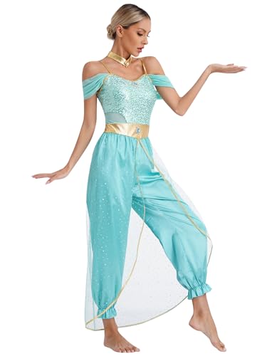 TiaoBug Damen Prinzessin Kostüm Set Pailletten Crop Top + lange weite Hose + Stirnband mit Strass Verkleidung für Karneval Fasching Cosplay Party Tanz Türkis H S TiaoBug Damen Prinzessin Kostüm Set Pailletten Crop Top + lange weite Hose + Stirnband mit Strass Verkleidung für Karneval Fasching Cosplay Party Tanz Türkis H S von TiaoBug