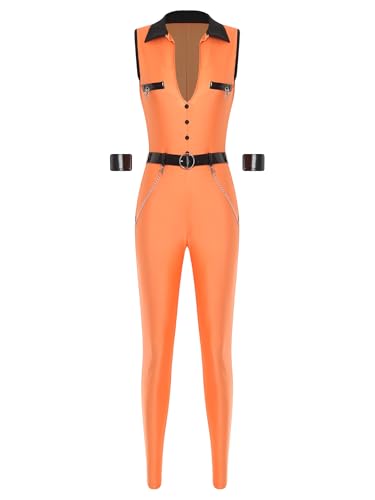 TiaoBug Damen Sträfling Kostüm Frauen Gefangener Anzug Ärmellos Jumpsuit Overalls mit Gürtel Armstulpen Gefängnis Uniform Motto Party Halloween Outfits von TiaoBug