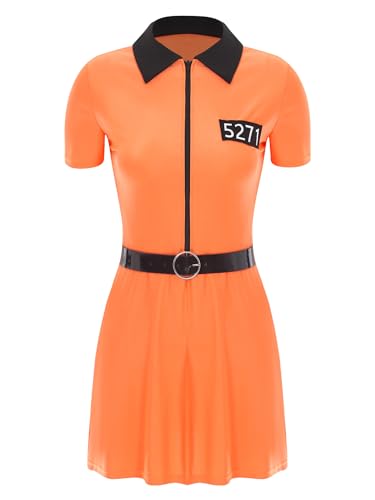 TiaoBug Damen Sträfling Kostüm Halloween Gefangener Anzug Kurzarm Hemd Kleid mit Gürtel Gefängnis Uniform Mottoparty Cosplay Outfits Orange S von TiaoBug
