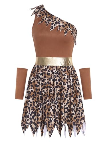 TiaoBug Damen Urmenschen Cosplay Kostüm Ein-Schulter Prinzessin Kleid aus der Steinzeit Leopard Print Minikleid Höhlenmensch Partykleid mit Armstulpen Dunkelbraun XL von TiaoBug