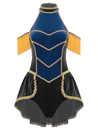 TiaoBug Damen Velvet Body Ärmellos Neckholder Kleid mit Fransen Zirkusdirektorin Kostüm Zirkus Uniformen Fasching Karneval Halloween Cosplay Outfits Blau Schwarz L von TiaoBug