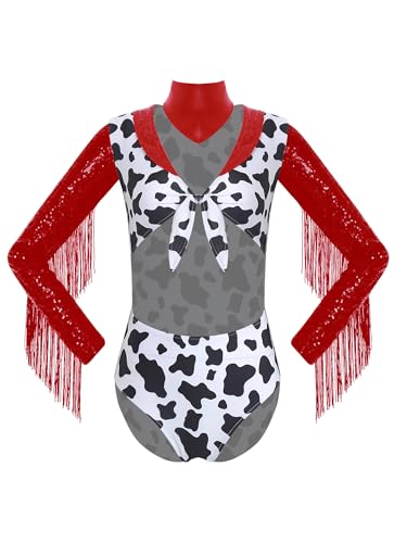 TiaoBug Damen Western Cowboy Kostüm Kuh Flecken Body mit Fransen Pailletten Rollkragen Jumpsuit mit Halstuch Cowgirl Halloween Karneval Cosplay Outfits Rot 3XL von TiaoBug