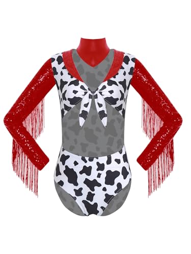 TiaoBug Damen Western Cowboy Kostüm Kuh Flecken Body mit Fransen Pailletten Rollkragen Jumpsuit mit Halstuch Cowgirl Halloween Karneval Cosplay Outfits Rot S von TiaoBug