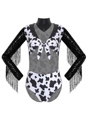 TiaoBug Damen Western Cowboy Kostüm Kuh Flecken Body mit Fransen Pailletten Rollkragen Jumpsuit mit Halstuch Cowgirl Halloween Karneval Cosplay Outfits Schwarz XL von TiaoBug