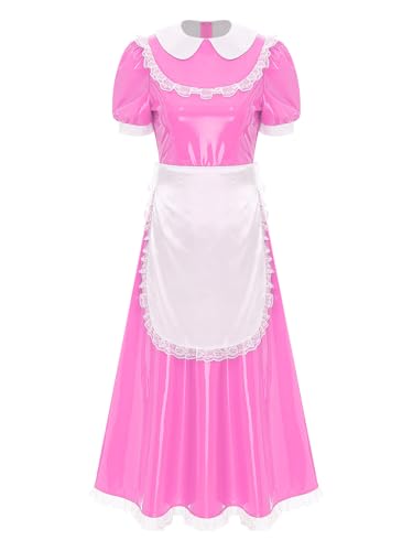 TiaoBug Damen Wetlook Dienstmädchen Kleid Lack Leder Midikleider mit Satin Schürze Kurzarm Puffärmel Partykleider Spitzen Besatz Halloween Outfits Rosa XXL von TiaoBug