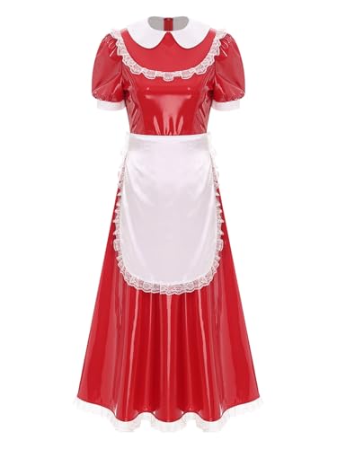 TiaoBug Damen Wetlook Dienstmädchen Kleid Lack Leder Midikleider mit Satin Schürze Kurzarm Puffärmel Partykleider Spitzen Besatz Halloween Outfits Rot XXL von TiaoBug
