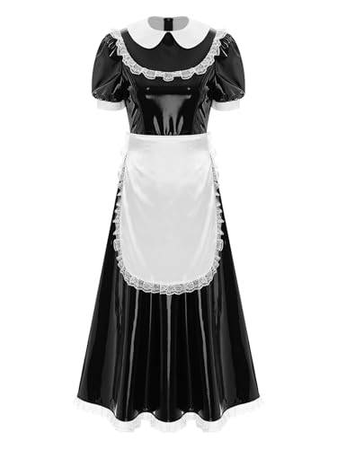 TiaoBug Damen Wetlook Dienstmädchen Kleid Lack Leder Midikleider mit Satin Schürze Kurzarm Puffärmel Partykleider Spitzen Besatz Halloween Outfits Schwarz M von TiaoBug