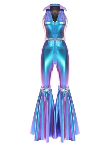 TiaoBug Damen Wetlook Jumpsuit Ärmellos Revers Overall Hoher Bund Skinny Hose Leggings mit Schlag Hippie Disco Tanz Kostüm Party Clubwear Blau M von TiaoBug