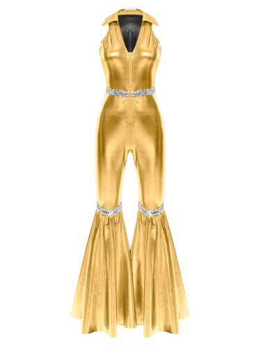 TiaoBug Damen Wetlook Jumpsuit Ärmellos Revers Overall Hoher Bund Skinny Hose Leggings mit Schlag Hippie Disco Tanz Kostüm Party Clubwear Gold XXL von TiaoBug
