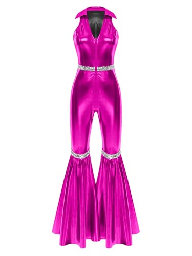 TiaoBug Damen Wetlook Jumpsuit Ärmellos Revers Overall Hoher Bund Skinny Hose Leggings mit Schlag Hippie Disco Tanz Kostüm Party Clubwear Hot Pink L von TiaoBug