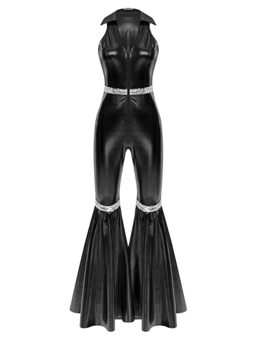 TiaoBug Damen Wetlook Jumpsuit Ärmellos Revers Overall Hoher Bund Skinny Hose Leggings mit Schlag Hippie Disco Tanz Kostüm Party Clubwear Schwarz M von TiaoBug