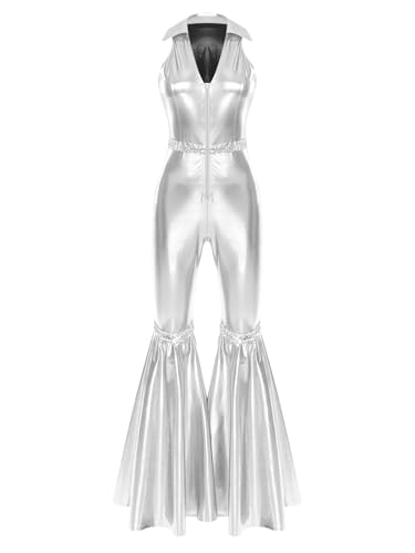 TiaoBug Damen Wetlook Jumpsuit Ärmellos Revers Overall Hoher Bund Skinny Hose Leggings mit Schlag Hippie Disco Tanz Kostüm Party Clubwear Silber XXL von TiaoBug