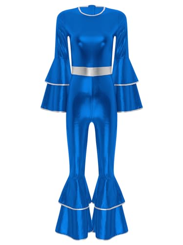 TiaoBug Damen Wetlook Jumpsuit Lange Glockenärmel Overall Lange Hose Leggings mit Volants Hippie Disco Tanz Kostüm Party Clubwear Königsblau XL von TiaoBug