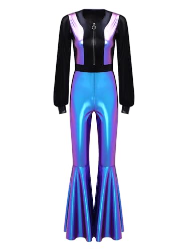 TiaoBug Damen Wetlook Jumpsuit Lange Mesh Puffärmel Overall Hoher Bund Lange Hose Leggings mit Schlag Hippie Disco Tanz Kostüm Party Clubwear Blau A 3XL von TiaoBug