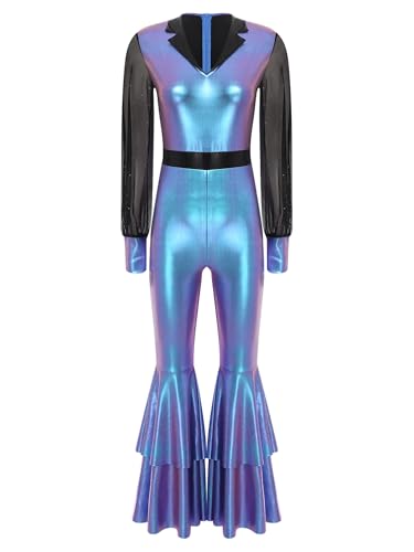 TiaoBug Damen Wetlook Jumpsuit Lange Mesh Puffärmel Overall Hoher Bund Lange Hose Leggings mit Schlag Hippie Disco Tanz Kostüm Party Clubwear Farbverlauf Blau XXL von TiaoBug