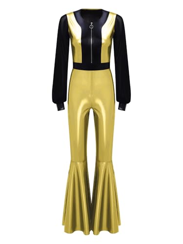 TiaoBug Damen Wetlook Jumpsuit Lange Mesh Puffärmel Overall Hoher Bund Lange Hose Leggings mit Schlag Hippie Disco Tanz Kostüm Party Clubwear Gold A 3XL TiaoBug Damen Wetlook Jumpsuit Lange Mesh Puffärmel Overall Hoher Bund Lange Hose Leggings mit Schlag Hippie Disco Tanz Kostüm Party Clubwear Gold A 3XL von TiaoBug