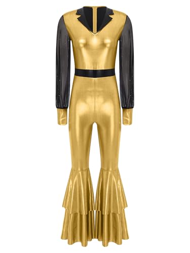TiaoBug Damen Wetlook Jumpsuit Lange Mesh Puffärmel Overall Hoher Bund Lange Hose Leggings mit Schlag Hippie Disco Tanz Kostüm Party Clubwear Gold XXL von TiaoBug