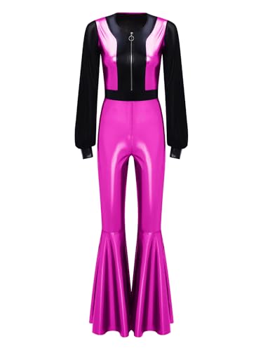 TiaoBug Damen Wetlook Jumpsuit Lange Mesh Puffärmel Overall Hoher Bund Lange Hose Leggings mit Schlag Hippie Disco Tanz Kostüm Party Clubwear Hot Pink A M von TiaoBug