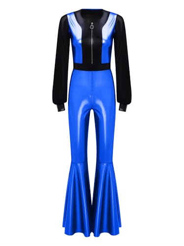 TiaoBug Damen Wetlook Jumpsuit Lange Mesh Puffärmel Overall Hoher Bund Lange Hose Leggings mit Schlag Hippie Disco Tanz Kostüm Party Clubwear Königsblau A XXL von TiaoBug