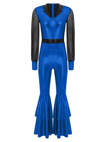 TiaoBug Damen Wetlook Jumpsuit Lange Mesh Puffärmel Overall Hoher Bund Lange Hose Leggings mit Schlag Hippie Disco Tanz Kostüm Party Clubwear Königsblau XL von TiaoBug