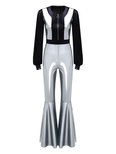 TiaoBug Damen Wetlook Jumpsuit Lange Mesh Puffärmel Overall Hoher Bund Lange Hose Leggings mit Schlag Hippie Disco Tanz Kostüm Party Clubwear Silber A M von TiaoBug