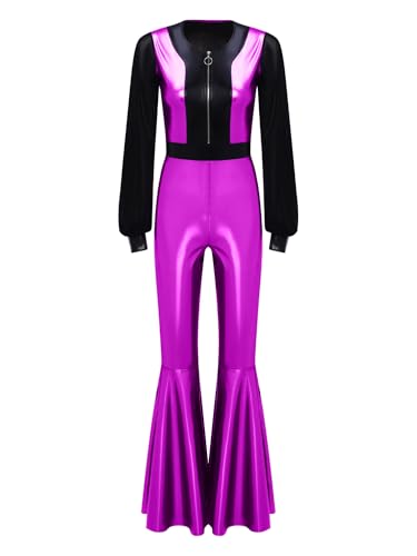 TiaoBug Damen Wetlook Jumpsuit Lange Mesh Puffärmel Overall Hoher Bund Lange Hose Leggings mit Schlag Hippie Disco Tanz Kostüm Party Clubwear Violett A XL TiaoBug Damen Wetlook Jumpsuit Lange Mesh Puffärmel Overall Hoher Bund Lange Hose Leggings mit Schlag Hippie Disco Tanz Kostüm Party Clubwear Violett A XL von TiaoBug