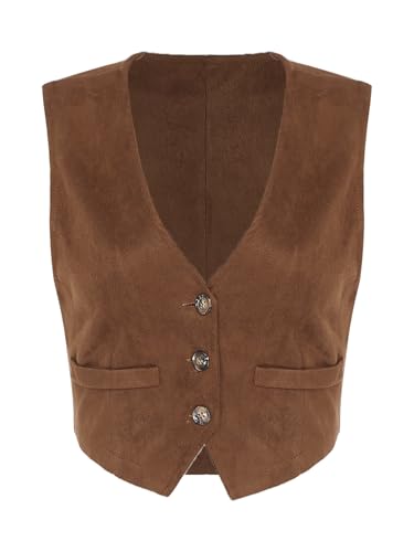 TiaoBug Damen Wildleder Weste Western Cowgirl Gilet mit Knopfleiste Kurz Bauchfrei Waistcoat Vest Hippie Kostüm Slim Fit Crop Top Oberteil Braun M von TiaoBug