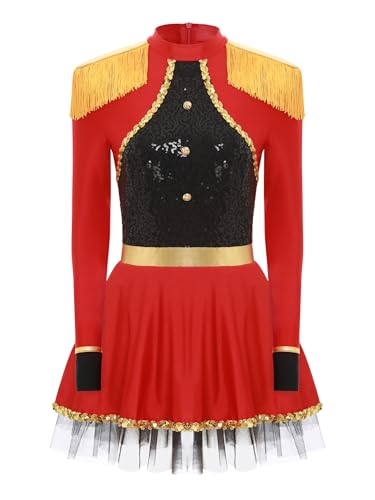 TiaoBug Damen Zirkusdirektor Kostüm Festlich Pailletten Kleider Fransen Schulterklappen Partykleid mit Tutu Rock Ringmaster Uniform Halloween Fasching Cosplay Outfits Rot XXL von TiaoBug