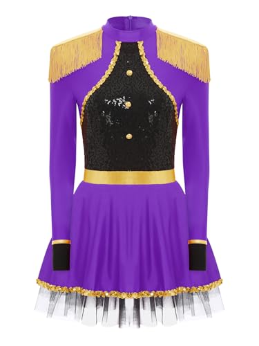 TiaoBug Damen Zirkusdirektor Kostüm Festlich Pailletten Kleider Fransen Schulterklappen Partykleid mit Tutu Rock Ringmaster Uniform Halloween Fasching Cosplay Outfits Violett XXL von TiaoBug