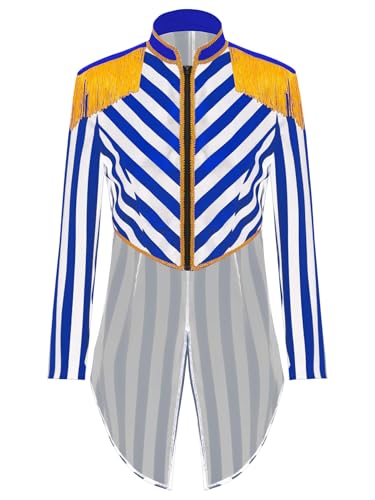 TiaoBug Damen Zirkusdirektor Kostüm Gothic Steampunk Frack Jacke Gestreift Gehrock mit Quaste Epauletten Oberteile Ringmaster Uniformen Motto Party Outfits Blau Weiss XXL von TiaoBug
