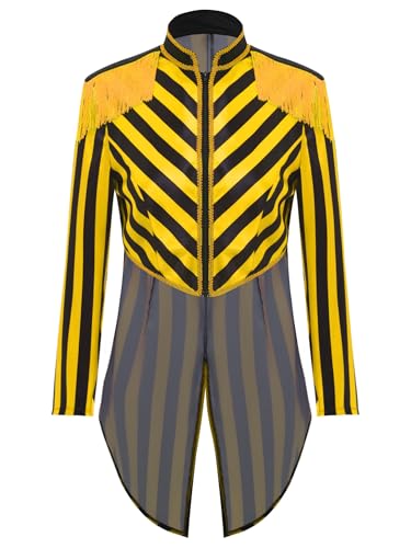 TiaoBug Damen Zirkusdirektor Kostüm Gothic Steampunk Frack Jacke Gestreift Gehrock mit Quaste Epauletten Oberteile Ringmaster Uniformen Motto Party Outfits Gelb Schwarz S von TiaoBug