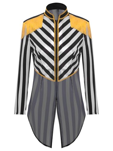 TiaoBug Damen Zirkusdirektor Kostüm Gothic Steampunk Frack Jacke Gestreift Gehrock mit Quaste Epauletten Oberteile Ringmaster Uniformen Motto Party Outfits Weiß schwarz XXL von TiaoBug