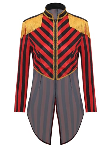 TiaoBug Damen Zirkusdirektor Kostüm Gothic Steampunk Frack Jacke Gestreift Gehrock mit Quaste Epauletten Oberteile Ringmaster Uniformen Motto Party Outfits rot schwarz XL von TiaoBug