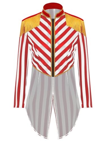 TiaoBug Damen Zirkusdirektor Kostüm Gothic Steampunk Frack Jacke Gestreift Gehrock mit Quaste Epauletten Oberteile Ringmaster Uniformen Motto Party Outfits weiß Rot XXL von TiaoBug